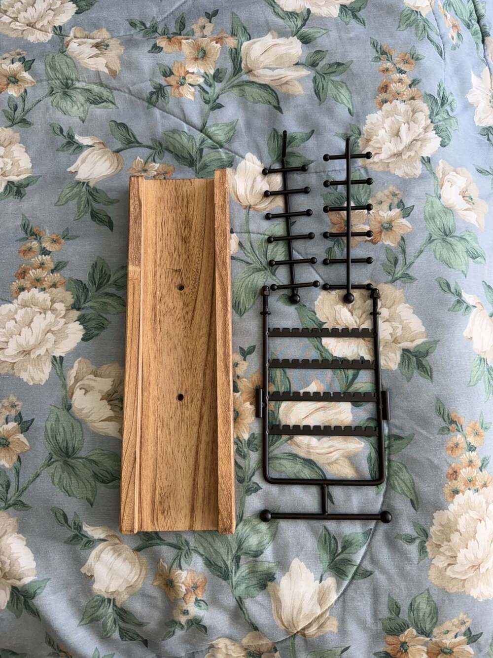 Wall Mounted Jewelry Organizer with Wood Base and Metal Earring Rack